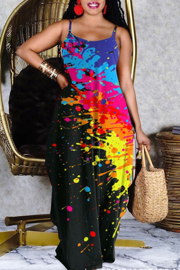 Black Fashion Sexy Casual Print Backless Spaghetti Strap Long Dress