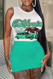 Green Fashion Casual Print Patchwork O Neck Sleeveless Dress