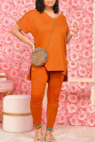 Tangerine Casual Solid Patchwork V Neck Short Sleeve Two Pieces