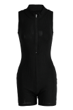 Black Sexy Solid Patchwork Zipper Collar Skinny Rompers