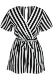 Red Casual Striped Print Bandage Patchwork V Neck Straight Rompers