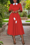 Red Fashion Casual Solid Patchwork Turndown Collar Long Sleeve Dresses