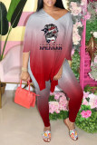 Pink Casual Print Patchwork Slit V Neck Half Sleeve Two Pieces