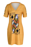 Yellow Casual Print Patchwork V Neck Straight Dresses