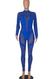 Blue Sexy Solid Patchwork See-through O Neck Skinny Jumpsuits