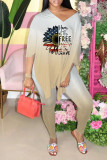 Pink Casual Print Patchwork Slit V Neck Half Sleeve Two Pieces