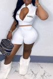 White Fashion Casual Letter Embroidered Zipper Collar Short Sleeve Two Pieces