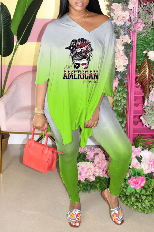 Fluorescent Green Casual Print Patchwork Slit V Neck Half Sleeve Two Pieces