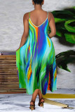 Turquoise Casual Print Patchwork Spaghetti Strap Straight Dresses