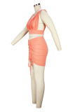 Orange Pink Fashion Sexy Solid Draw String Frenulum Backless V Neck Sleeveless Two Pieces