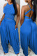 Blue Casual Street Solid Patchwork Backless Fold O Neck Sleeveless Two Pieces