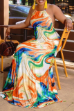 Colour Sexy Print Patchwork Halter Waist Skirt Dresses