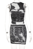 Black Sexy Print Patchwork O Neck Sleeveless Two Pieces