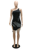 Black Fashion Sexy Patchwork Hot Drilling Tassel Oblique Collar Irregular Dress