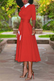 Red Fashion Casual Solid Patchwork Turndown Collar Long Sleeve Dresses