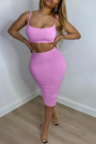 Pink Sexy Solid Patchwork Spaghetti Strap Sleeveless Two Pieces