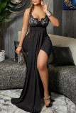 Black Fashion Sexy Patchwork Backless Spaghetti Strap Long Dress