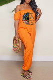 Orange Fashion Casual Print Backless Off the Shoulder Regular Jumpsuits