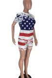 Red Blue Casual Print Patchwork O Neck Short Sleeve Two Pieces