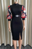 Black Fashion Casual Print Patchwork Slit With Belt Half A Turtleneck Pencil Skirt Dresses