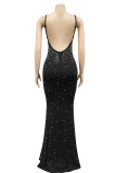 Apricot Fashion Sexy Patchwork Hot Drilling Backless Spaghetti Strap Evening Dress