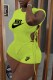 Fluorescent Green Fashion Casual Print Bandage Letter O Neck Short Sleeve Two Pieces