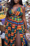 Colour Sexy Vintage Print Patchwork Slit Halter Long Dress Dresses