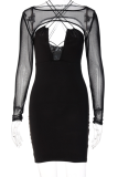 Black Sexy Solid Mesh O Neck Long Sleeve Two Pieces