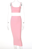 Pink Sexy Solid Patchwork Spaghetti Strap Sleeveless Two Pieces