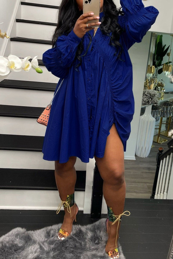 Blue Casual Solid Patchwork Buckle Turndown Collar A Line Dresses