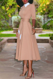 Red Fashion Casual Solid Patchwork Turndown Collar Long Sleeve Dresses