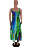Turquoise Casual Print Patchwork Spaghetti Strap Straight Dresses