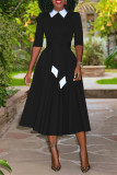 Red Fashion Casual Solid Patchwork Turndown Collar Long Sleeve Dresses