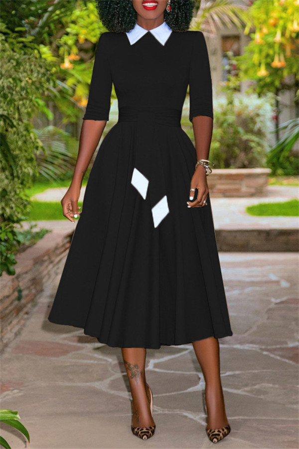 Black Fashion Casual Solid Patchwork Turndown Collar Long Sleeve Dresses