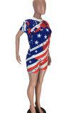 Red Blue Casual Print Patchwork O Neck Short Sleeve Two Pieces