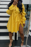 Yellow Casual Solid Patchwork Buckle Turndown Collar A Line Dresses