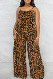 Ink Green Sexy Print Leopard Patchwork Spaghetti Strap Plus Size Jumpsuits