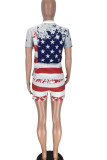 Red Blue Casual Print Patchwork O Neck Short Sleeve Two Pieces