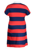 Red Fashion Casual Plus Size Striped Print Basic Turndown Collar Short Sleeve Dress