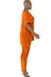 Tangerine Casual Solid Patchwork V Neck Short Sleeve Two Pieces