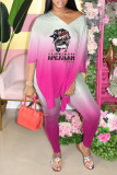Pink Casual Print Patchwork Slit V Neck Half Sleeve Two Pieces
