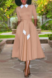 Red Fashion Casual Solid Patchwork Turndown Collar Long Sleeve Dresses