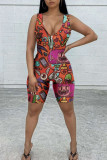 Yellow Street Print Patchwork Zipper V Neck Skinny Rompers