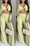 Green Yellow Fashion Sexy Solid Patchwork Turn-back Collar Long Sleeve Three Pieces