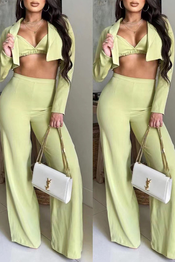 Green Yellow Fashion Sexy Solid Patchwork Turn-back Collar Long Sleeve Three Pieces