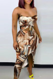 Brown Fashion Sexy Print Draw String Frenulum Backless Slit Strapless Sleeveless Two Pieces