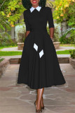 Red Fashion Casual Solid Patchwork Turndown Collar Long Sleeve Dresses