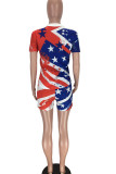 Red Blue Casual Print Patchwork O Neck Short Sleeve Two Pieces