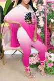 Pink Casual Print Patchwork Slit V Neck Half Sleeve Two Pieces