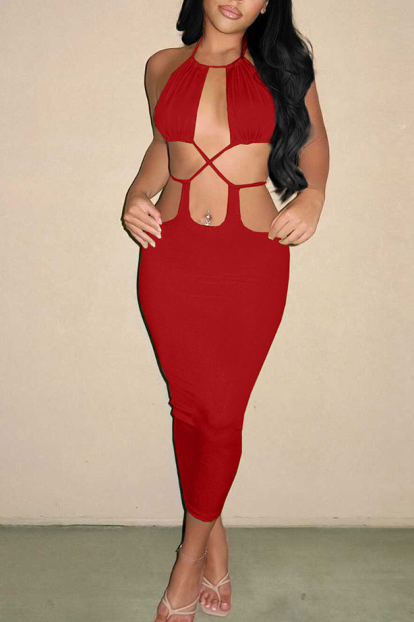 Red Sexy Solid Hollowed Out Patchwork Backless Halter Pencil Skirt Dresses